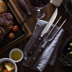 24 cm Wooden Handle Japanese Steak Knife & Carving Fork Set, highlighted by ergonomic wooden handle and precise blade, bringing refined carving ease to special meals