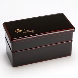 Isuke Two-Tier Lacquered Bento Box Red Lunchbox With Plum Motif, handcrafted, ideal for everyday lunch.
