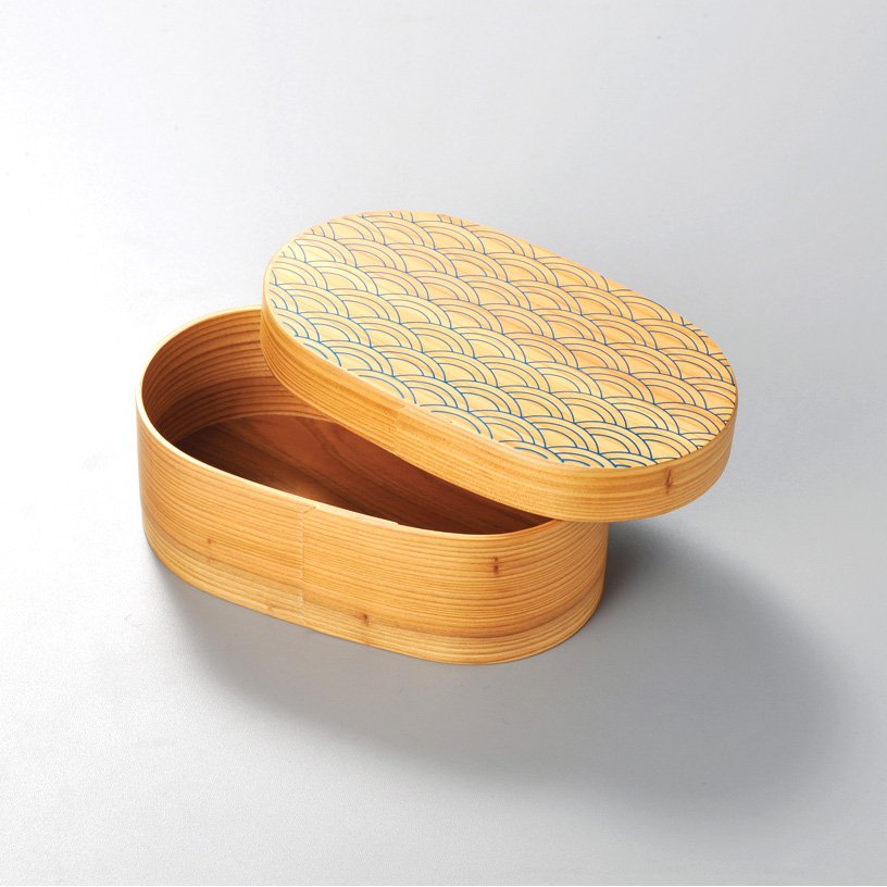 Compact Isuke Wood Bento Box Seigaiha Pattern, hand-lacquered surface, designed for stylish daily dining