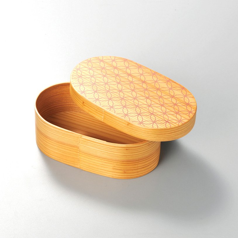 Wooden Isuke Bento Box with Shippo pattern, designed for elegant Japanese-style lunches.