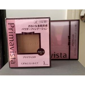 Close-up of Kao Sofina Primavista Long Keep UV Powder Foundation Ocher 03 SPF25 PA++ 9g, featuring UV protection for even tone