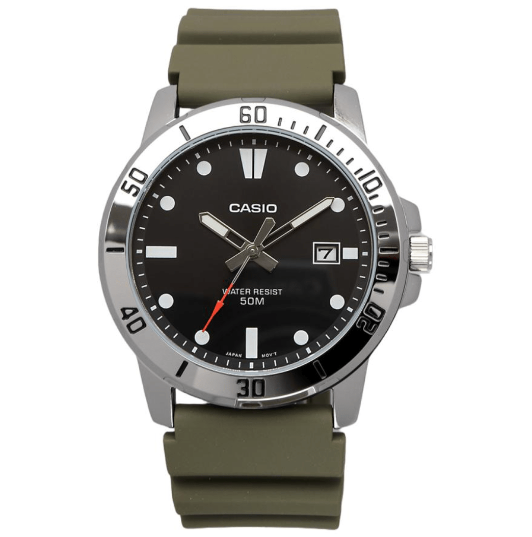 Casio MTP‑VD01 Men’s Watch, Olive Dial, Water Resistant, ideal for daily wear

