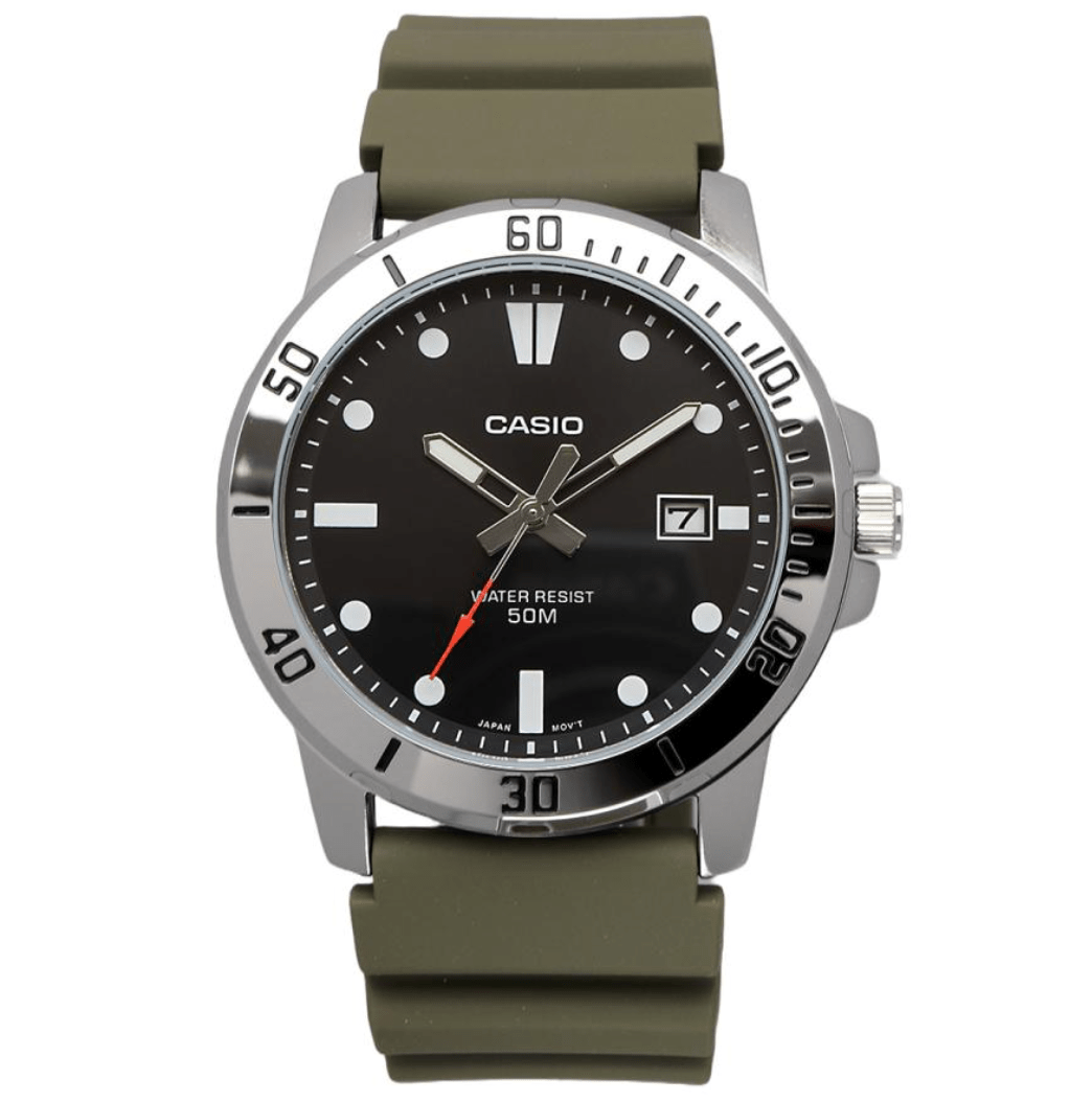 45mm Casio MTP‑VD01 Olive Dial with Quartz Movement, offering reliable timekeeping

