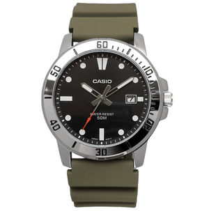 45mm Casio MTP‑VD01 Olive Dial with Quartz Movement, offering reliable timekeeping

