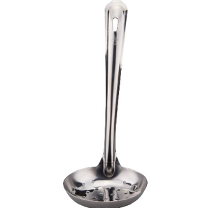 Close-up of Stainless Steel Metal Soup Ladle, Small Size, featuring polished surface for easy cleaning