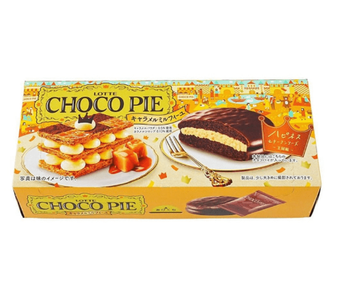 6 pcs Lotte Choco Pie Caramel Mille-Feuille with chocolate coating, offering balanced sweetness