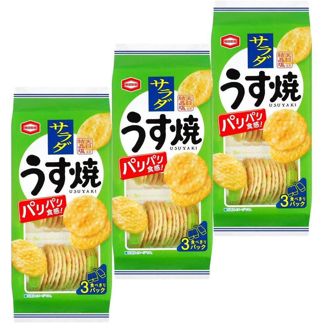 Kameda Salad Usuyaki Crispy Senbei Rice Crackers 80g Pack of 3, light and crispy, ideal for tea time.