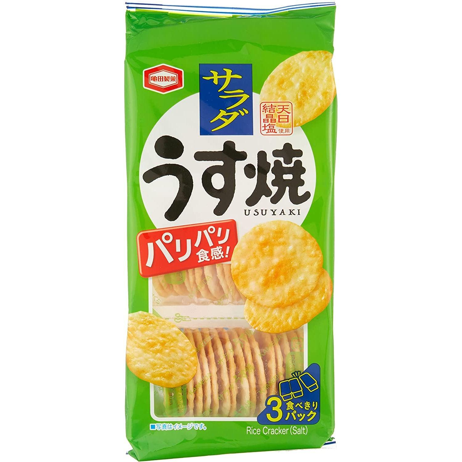 Close-up of Kameda Salad Usuyaki Rice Crackers 80g, featuring crispy texture for a savory treat.