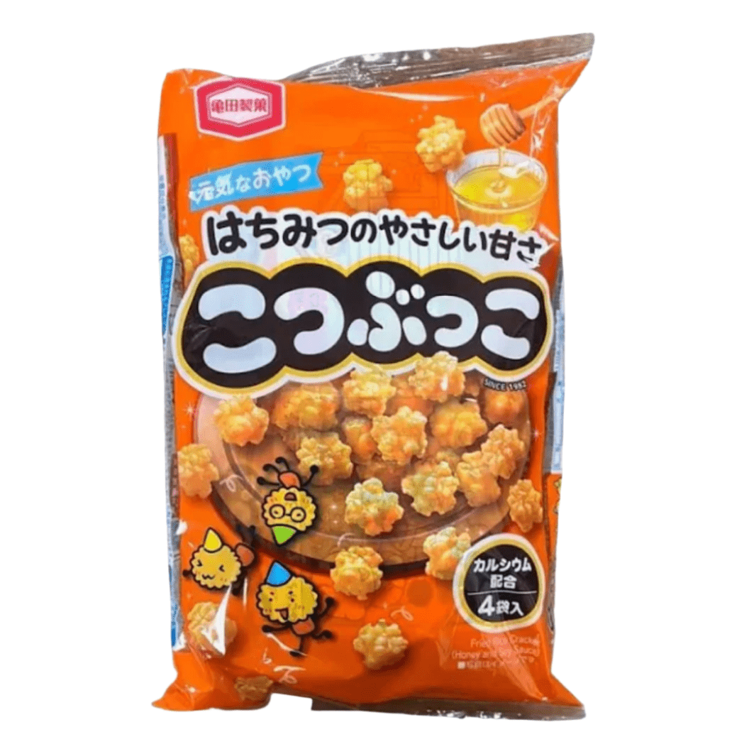 Close-up of Kameda Kotsubukko Sweet Honey Fried Rice Crackers 110g, featuring glossy honey glaze for extra crunch