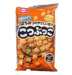 Close-up of Kameda Kotsubukko Sweet Honey Fried Rice Crackers 110g, featuring glossy honey glaze for extra crunch
