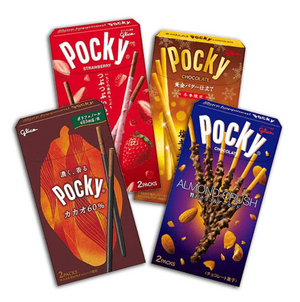 Close-up of Pocky Discovery Set, assorted sticks featuring creamy coating for delightful taste