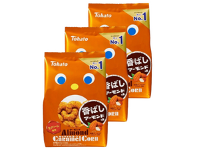 Close-up of Tohato Almond Caramel Corn Puffs Snack 65g, showcasing crunchy caramel corn and almond pieces
