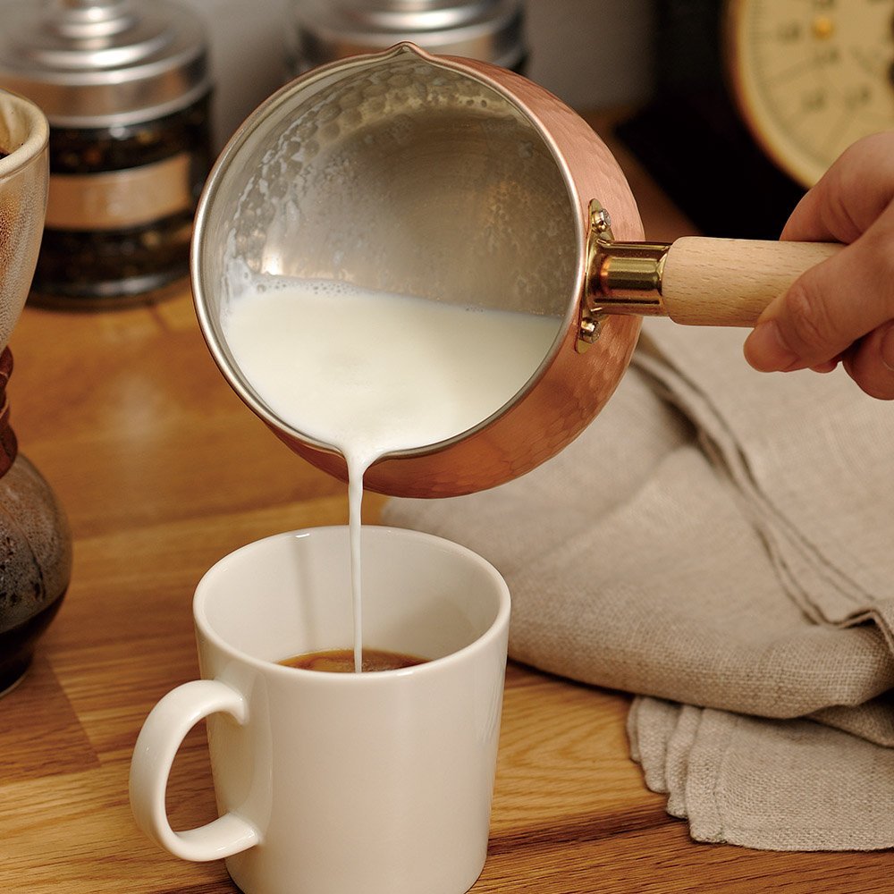 12cm Chitose hammered copper milk pan with wooden handle, designed for everyday Japanese cooking