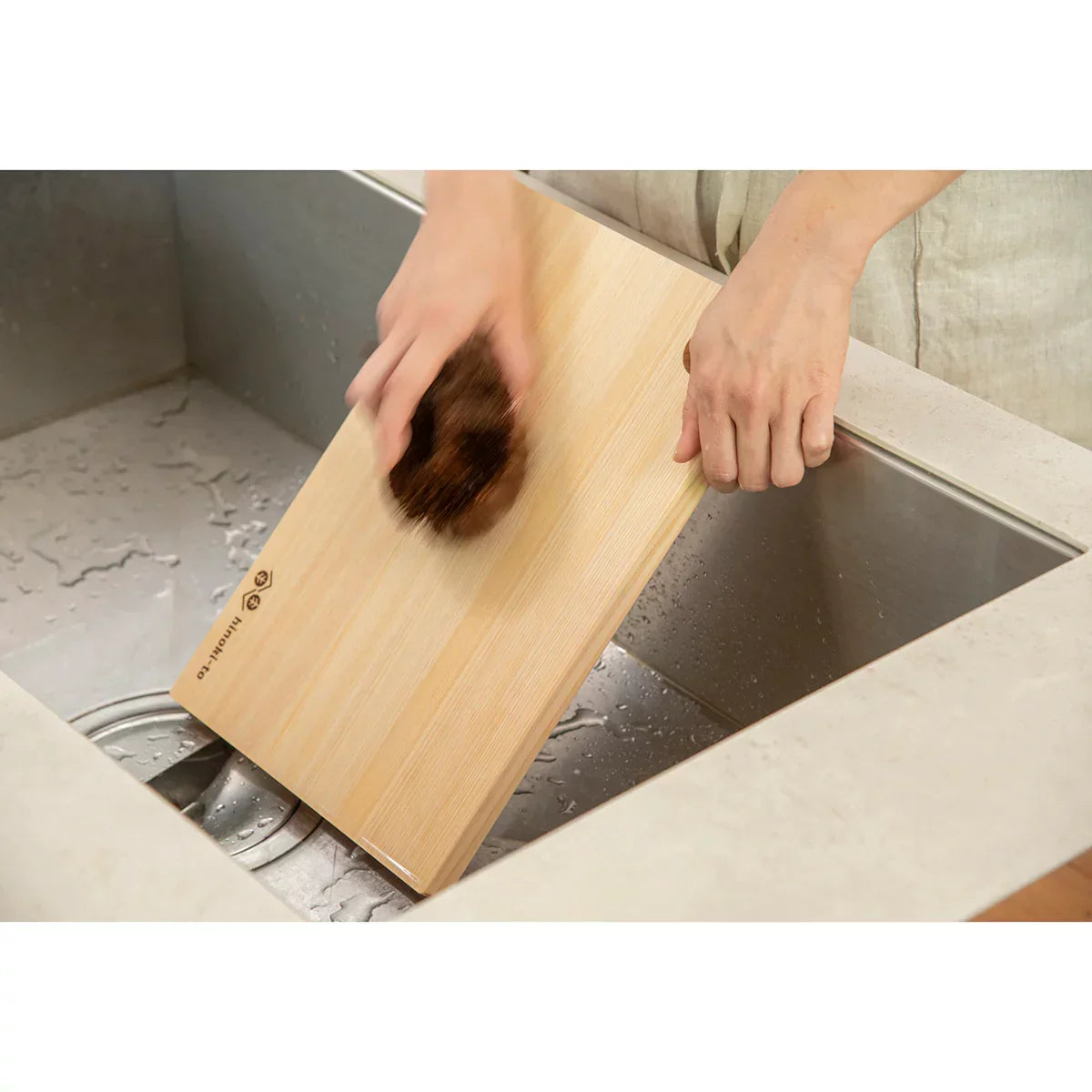 Close-up of Umezawa Tawashi Brush showing natural palm fiber texture for gentle scrubbing