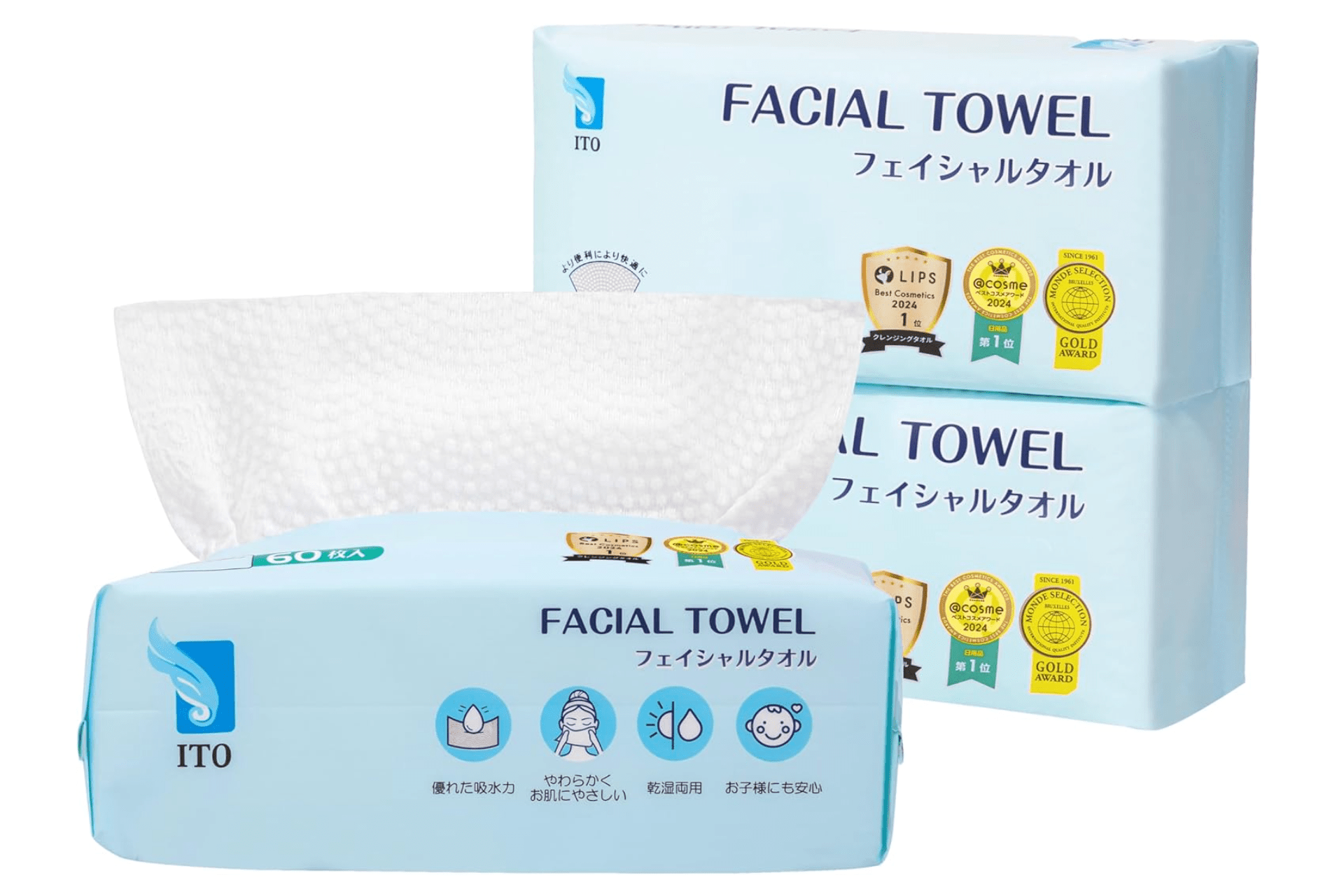 ITO Facial Towels, 3 Sets of 60 Sheets, For Tackling Sensitive Skin and Rough Skin