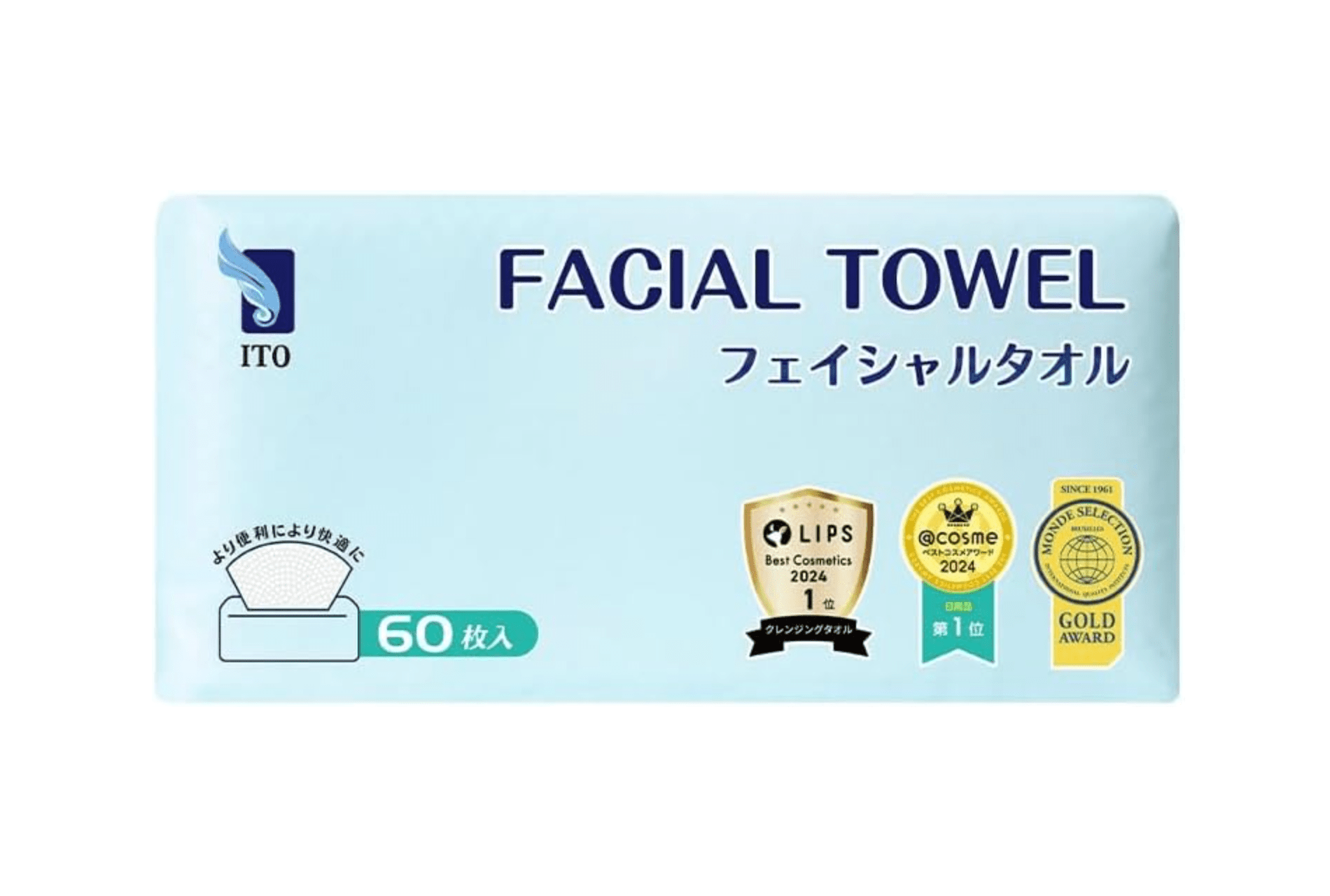 60 Sheets ITO Facial Towels, gentle texture, designed for daily skincare use
