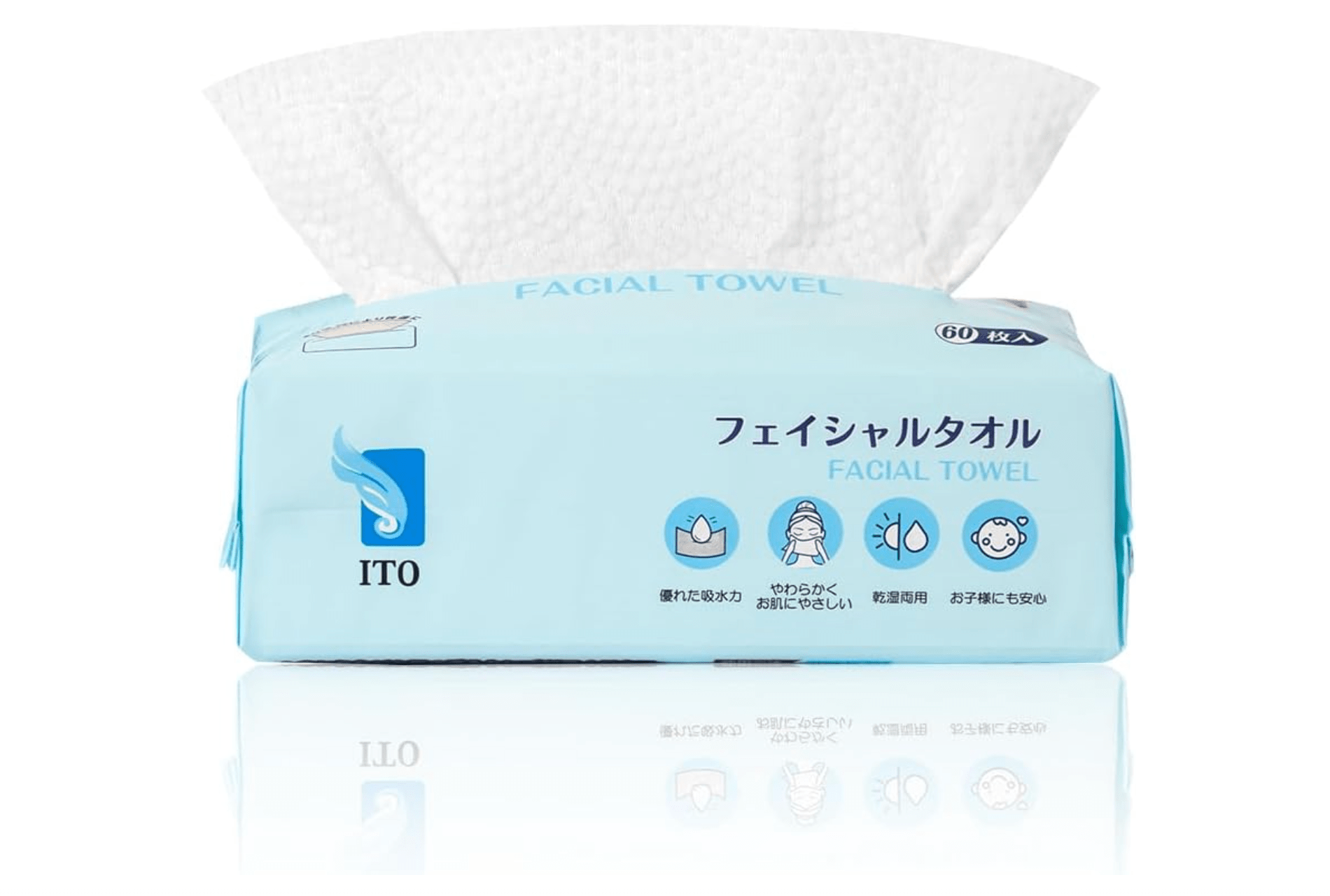 Close-up of ITO Facial Towels, 60 Sheets, featuring premium fibers for soft cleansing


