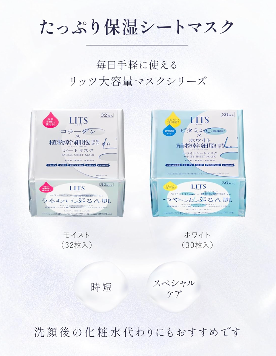 Open pack of Lits Moist Perfect Rich Mask 32 Pieces, easy to use, ideal for daily skincare ritual.