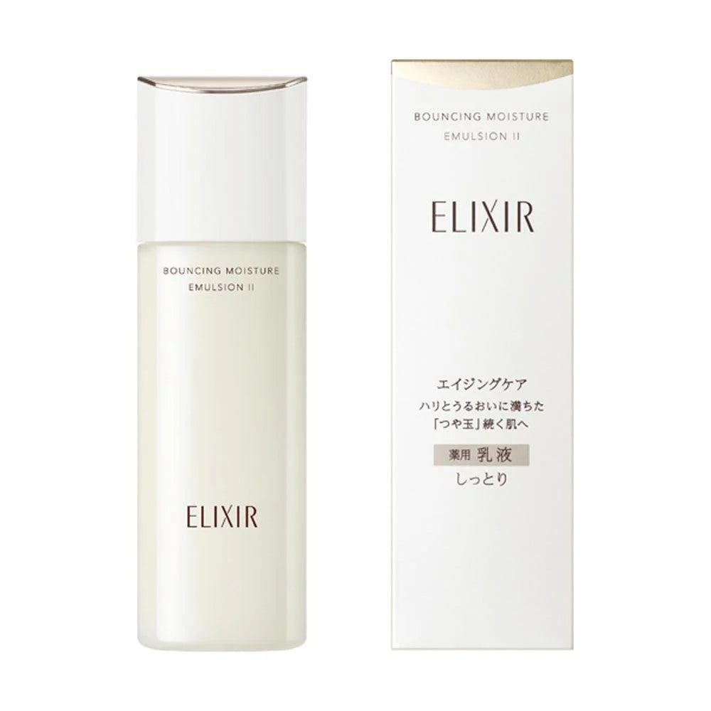 Shiseido Elixir Bouncing Moisture Emulsion Anti Aging Face Milk in 130ml, fast-absorbing texture, perfect for morning rituals