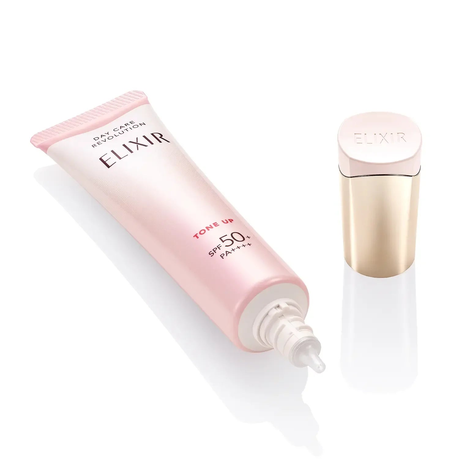 Close-up of Shiseido Elixir Day Care Multifunctional Tone Up Emulsion Baby Pink SPF 50+ 35g, featuring pearl powder for even complexion support - YOYOJAPAN Store