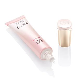 Close-up of Shiseido Elixir Day Care Multifunctional Tone Up Emulsion Baby Pink SPF 50+ 35g, featuring pearl powder for even complexion support - YOYOJAPAN Store