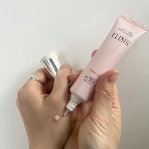 35g Shiseido Elixir Day Care Multifunctional Tone Up Emulsion Baby Pink SPF 50+ with quick-absorbing texture, offering firmness for sensitive skin