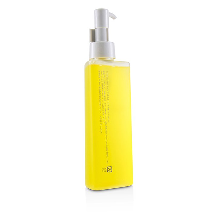 Close-up of THREE Cleansing Oil with 98% Naturally-Derived Ingredients, 185ml, featuring essential oils for purification