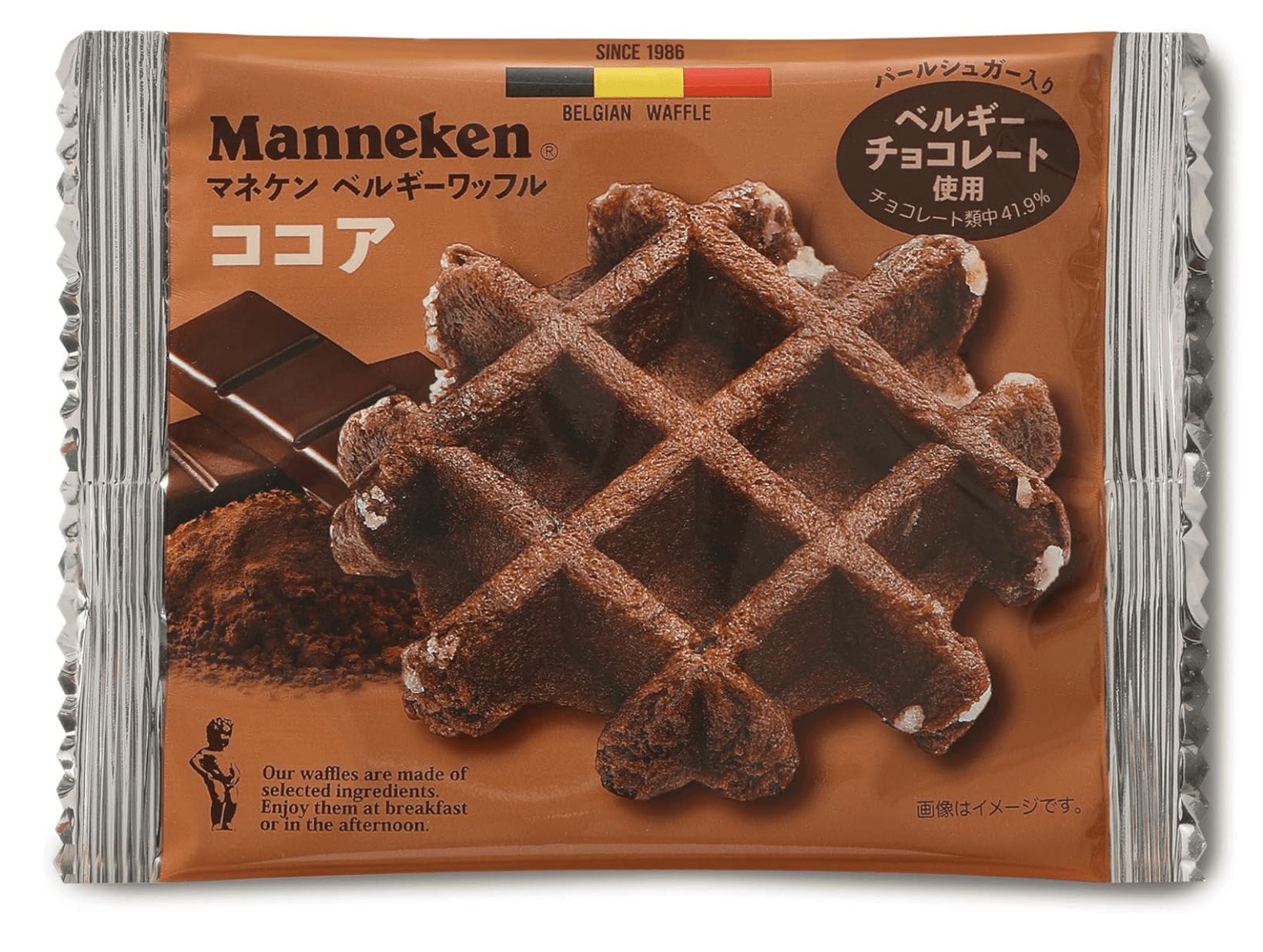 Close-up of Manneken Belgian Cocoa Waffle, Pack of 6, featuring rich cocoa for sweet enjoyment