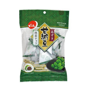 70g Denroku Amanatto Matcha Chocolate Covered Azuki Red Beans with matcha flavor, offering balanced sweetness