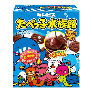 50g pack of Ginbis Tabekko Suizokukan Chocolate Biscuits with playful sea animal shapes, perfect for daily snack time