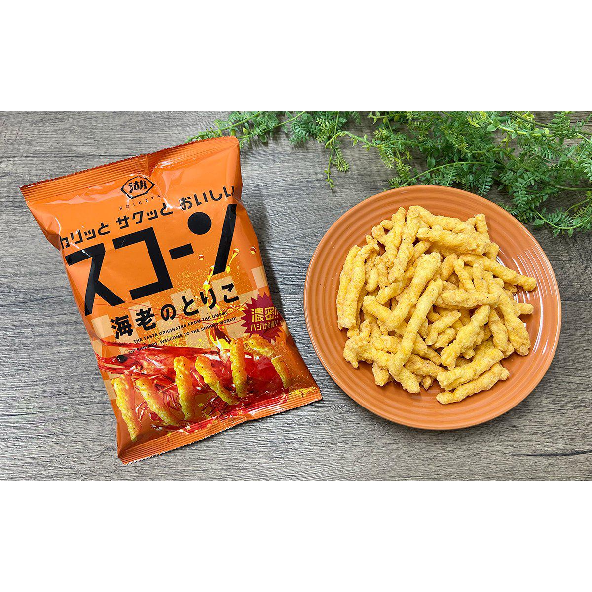 Close-up of Koikeya Scorn Shrimp Corn Puffs 73g, featuring crispy texture for savory enjoyment