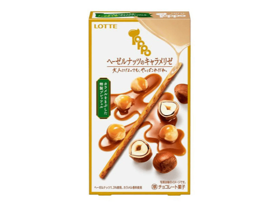 5 pcs Lotte Toppo Hazelnut Caramelized Chocolate Snacks with caramelized chocolate coating and hazelnuts