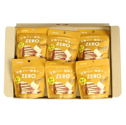 Pack of 6 Lotte Zero Sugar-Free Biscuits with buttery flavor, offering a gentle sweetness for healthier snacking