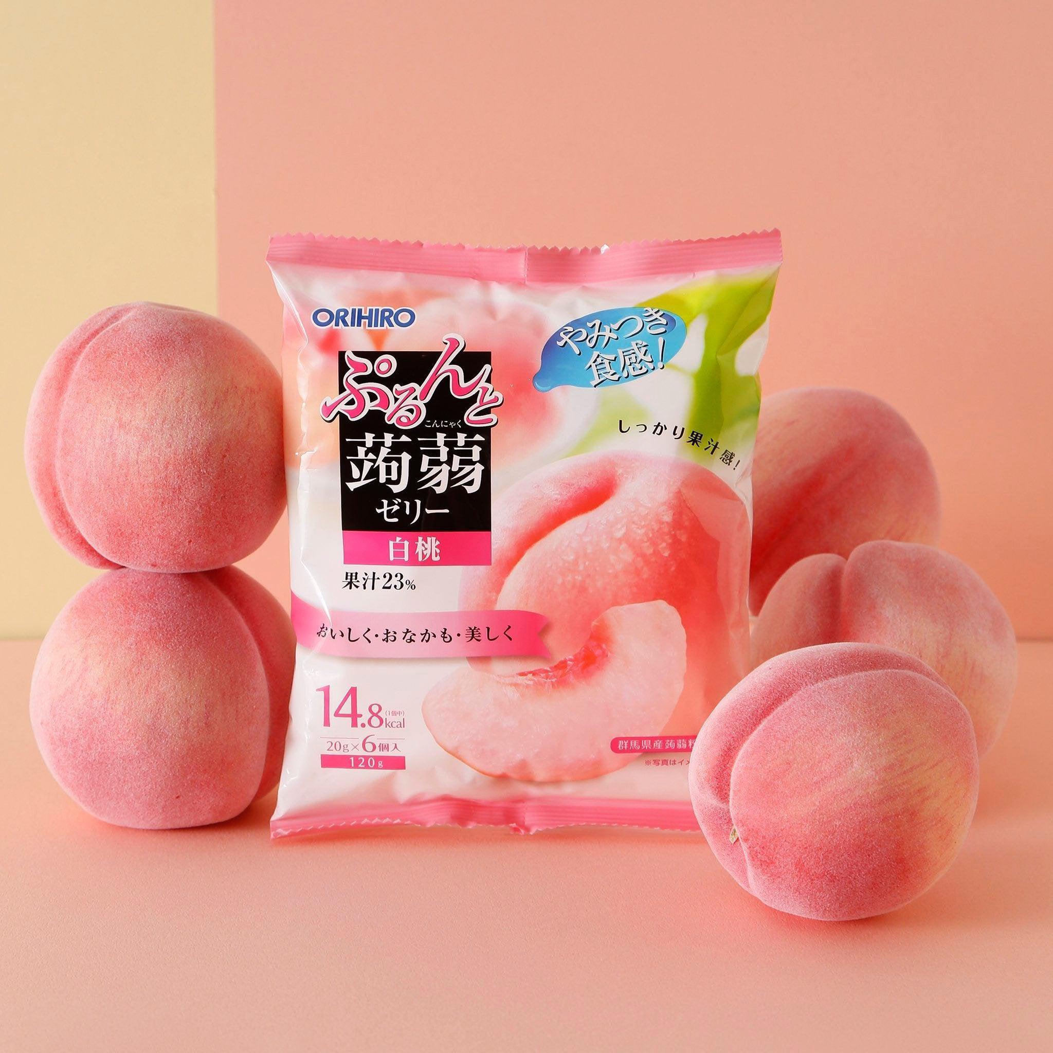 Close-up of Orihiro Konjac Jelly Snack 120g, showing peach-flavored jelly for fiber-rich snack