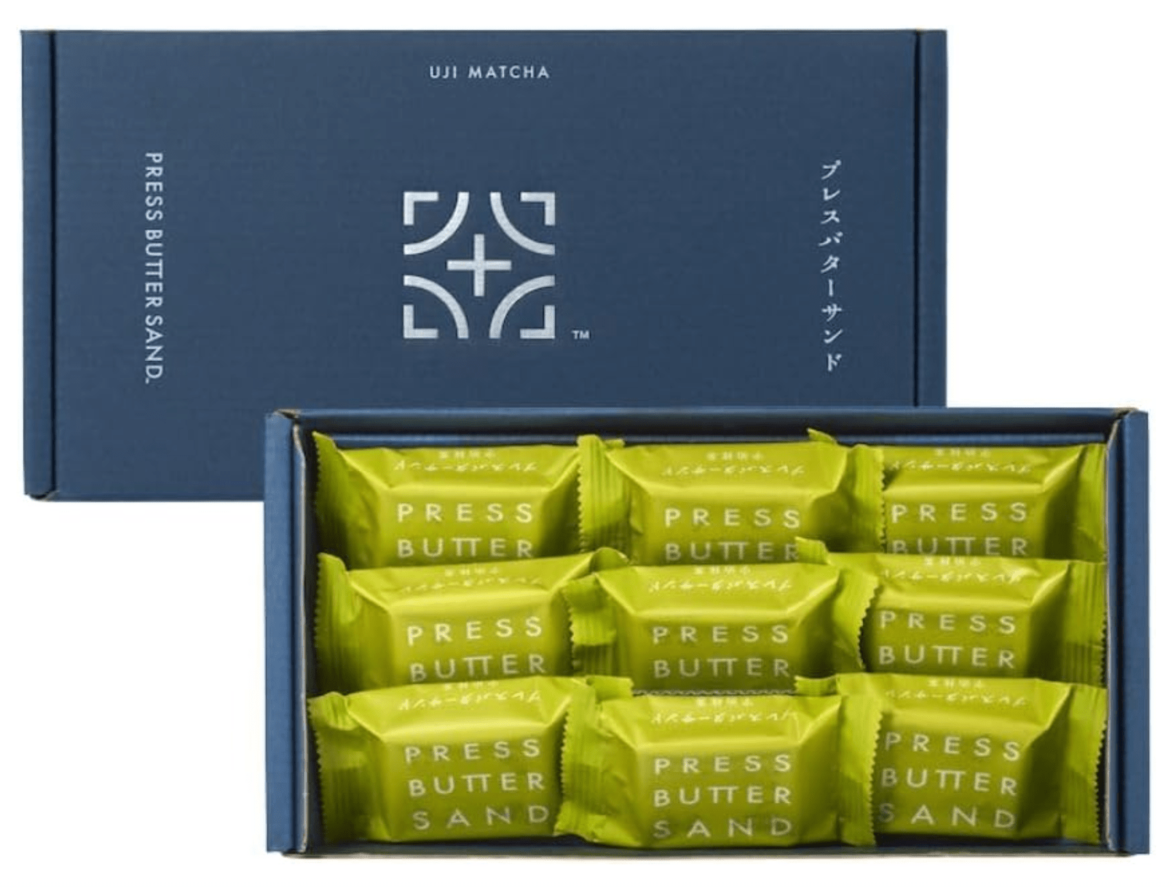 PRESS BUTTER SAND Uji Matcha, 9 Pieces, crisp cookies filled with matcha cream, ideal for teatime.