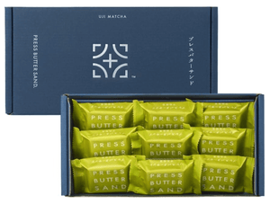 PRESS BUTTER SAND Uji Matcha, 9 Pieces, crisp cookies filled with matcha cream, ideal for teatime.