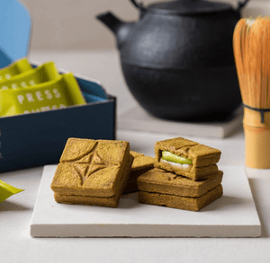 9-piece PRESS BUTTER SAND Uji Matcha, individually wrapped cookies, designed for gifting.