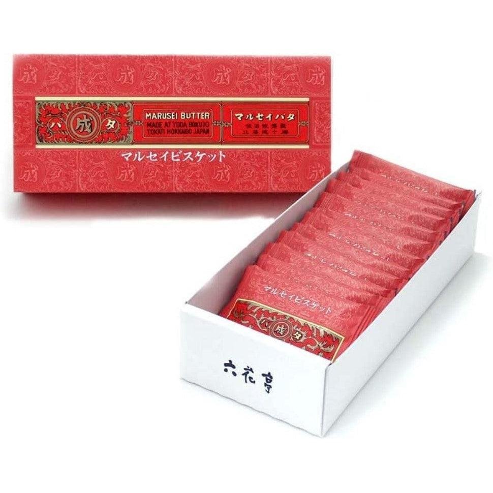 Close-up of Rokkatei Marusei Butter Biscuit Cookies, featuring smooth white chocolate and raisins.