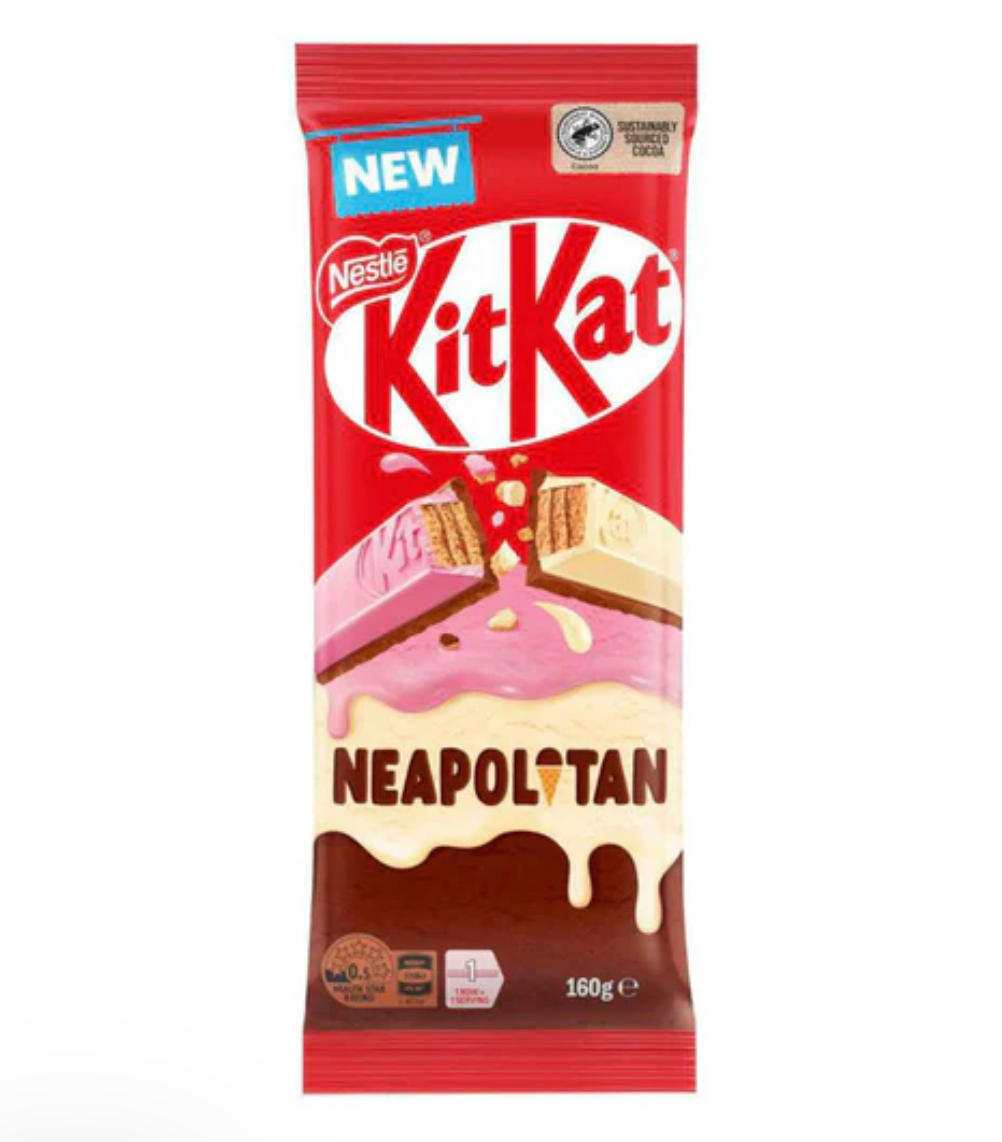Close-up of Kit Kat Neapolitan Chocolate Bar, 11 Pieces, featuring colorful triple-layer chocolate for indulgent taste