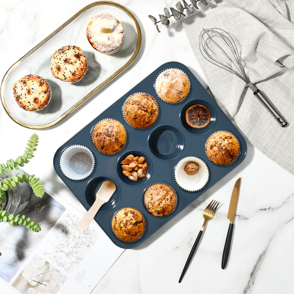 Super Kitchen 12 - Cavity Large Non - Stick Silicone Muffin Mold Pan - Easy To Clean Gray - Japan