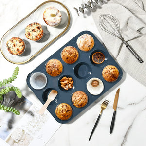 Super Kitchen 12 - Cavity Large Non - Stick Silicone Muffin Mold Pan - Easy To Clean Gray - Japan