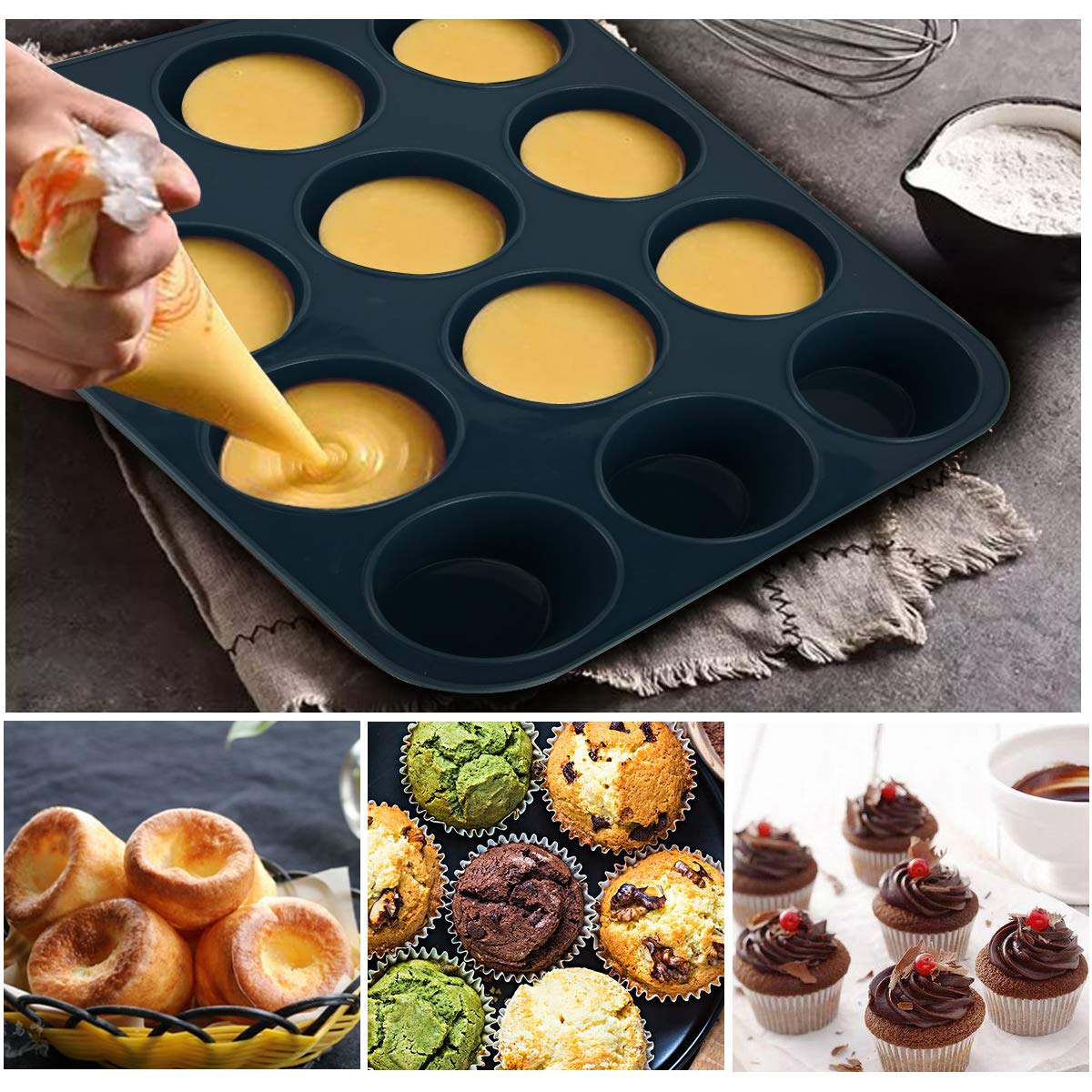 Super Kitchen 12 - Cavity Large Non - Stick Silicone Muffin Mold Pan - Easy To Clean Gray - Japan