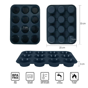 Super Kitchen 12 - Cavity Large Non - Stick Silicone Muffin Mold Pan - Easy To Clean Gray - Japan