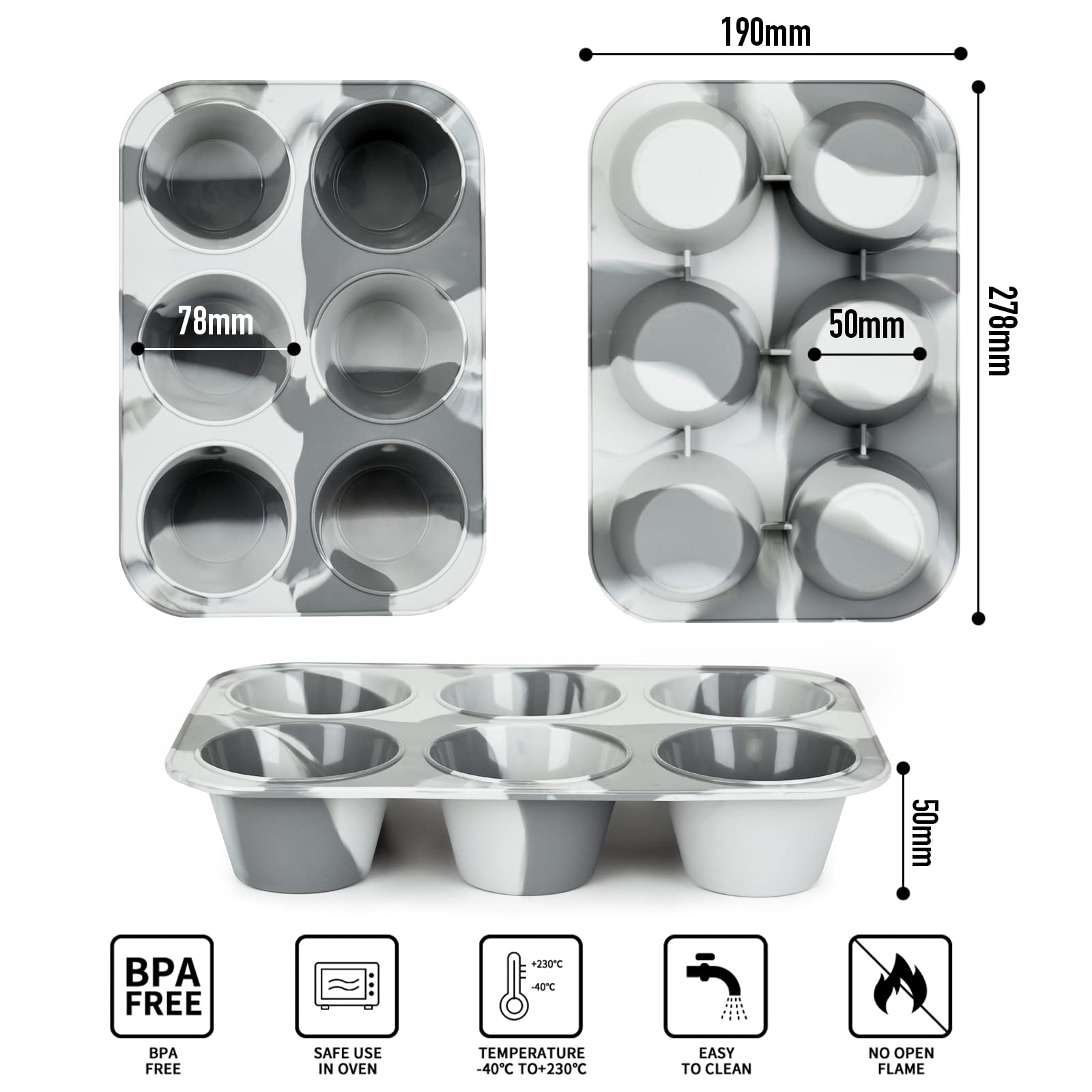 Super Kitchen 6 - Cavity Silicone Muffin Mold Plate Non - Stick Cupcake Pan Donut Mixed Gray Japan