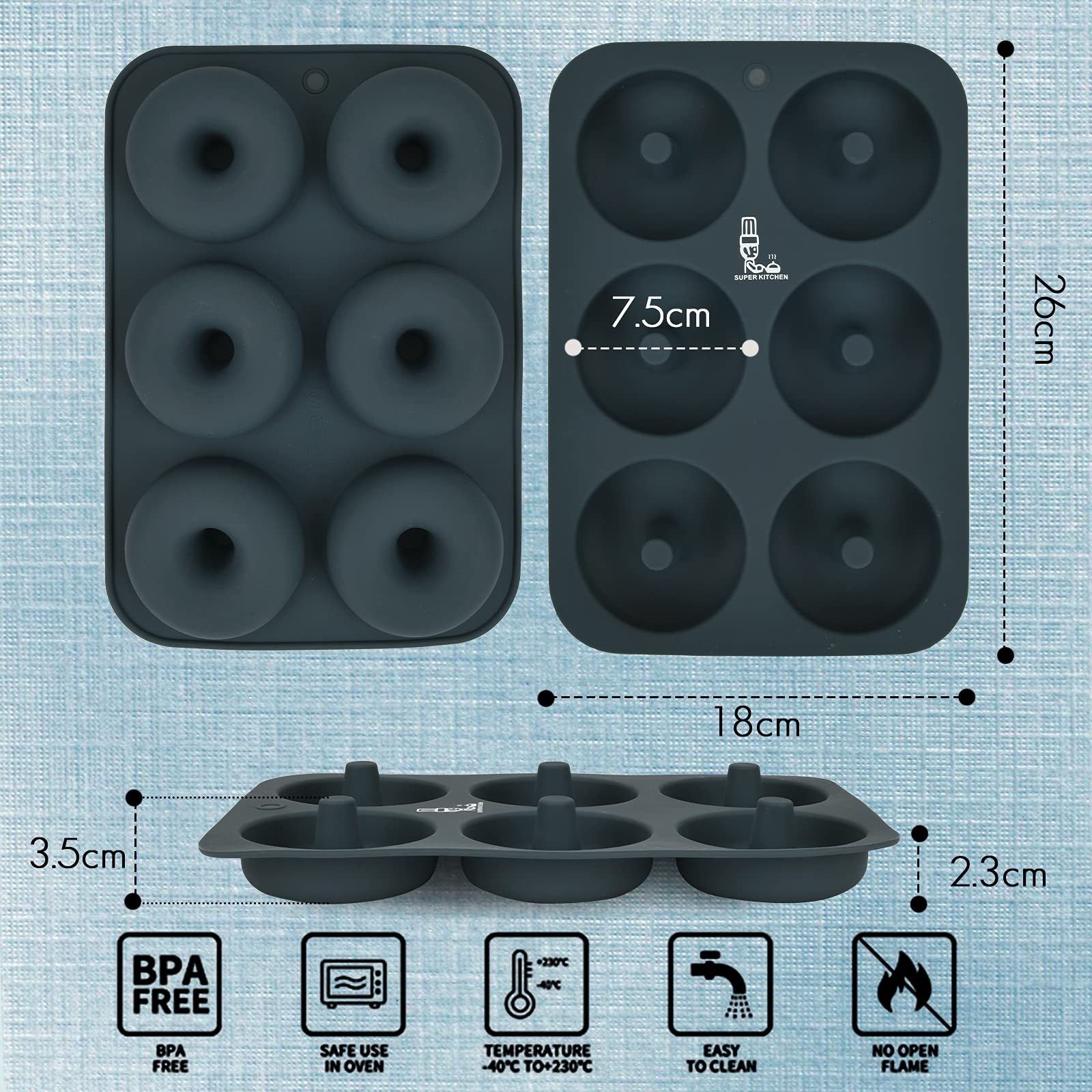 Super Kitchen Donut Mold Silicone Cake Molds 6 Pcs Heat Resistant Non - Stick Easy To Clean - Japan (1 Piece Dark Gray)”