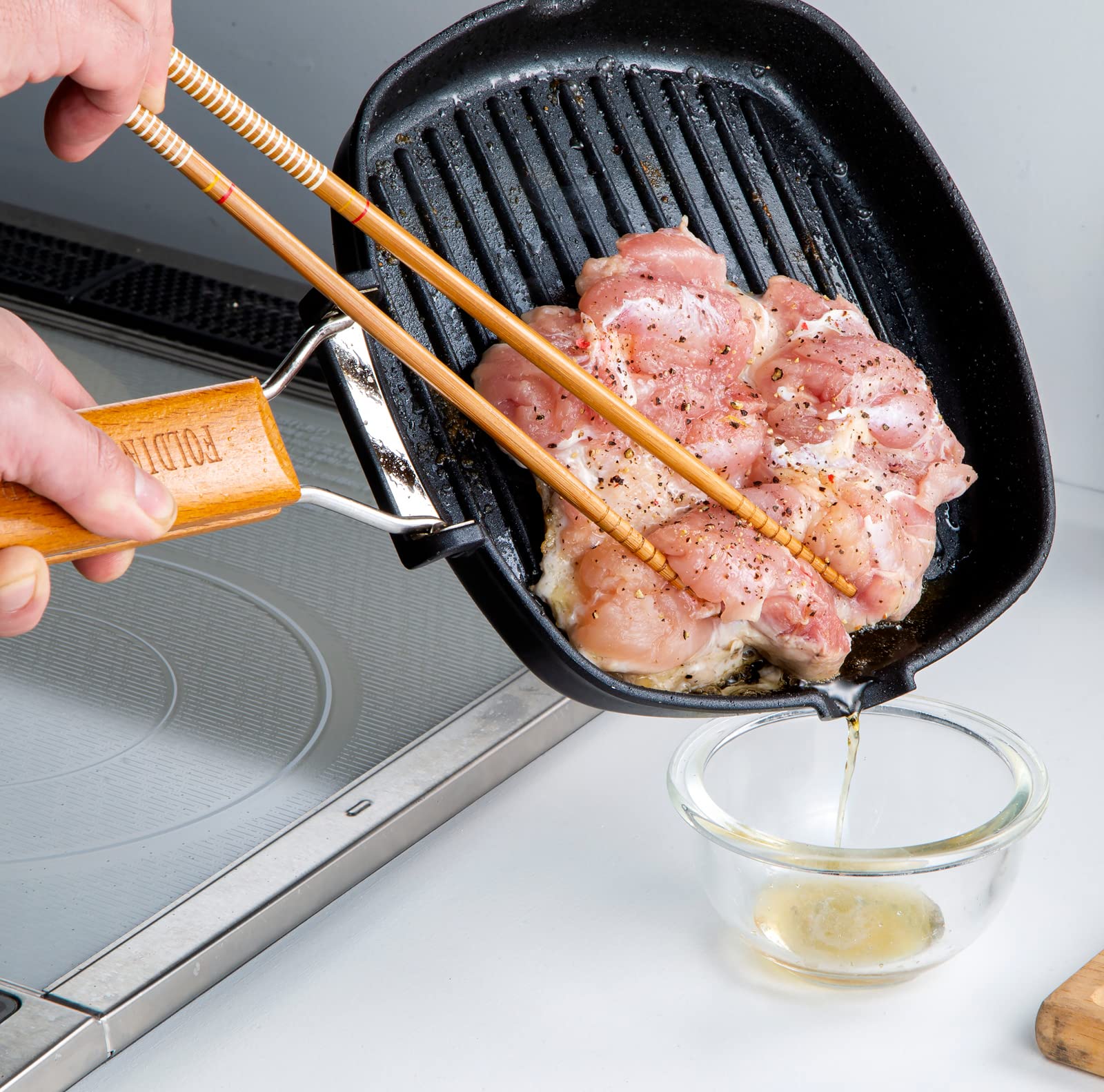 Taniguchi - Metal Grill Pan 20X20Cm Ih Compatible Japan Fluorine Processing Handle Natural Wood Foldable