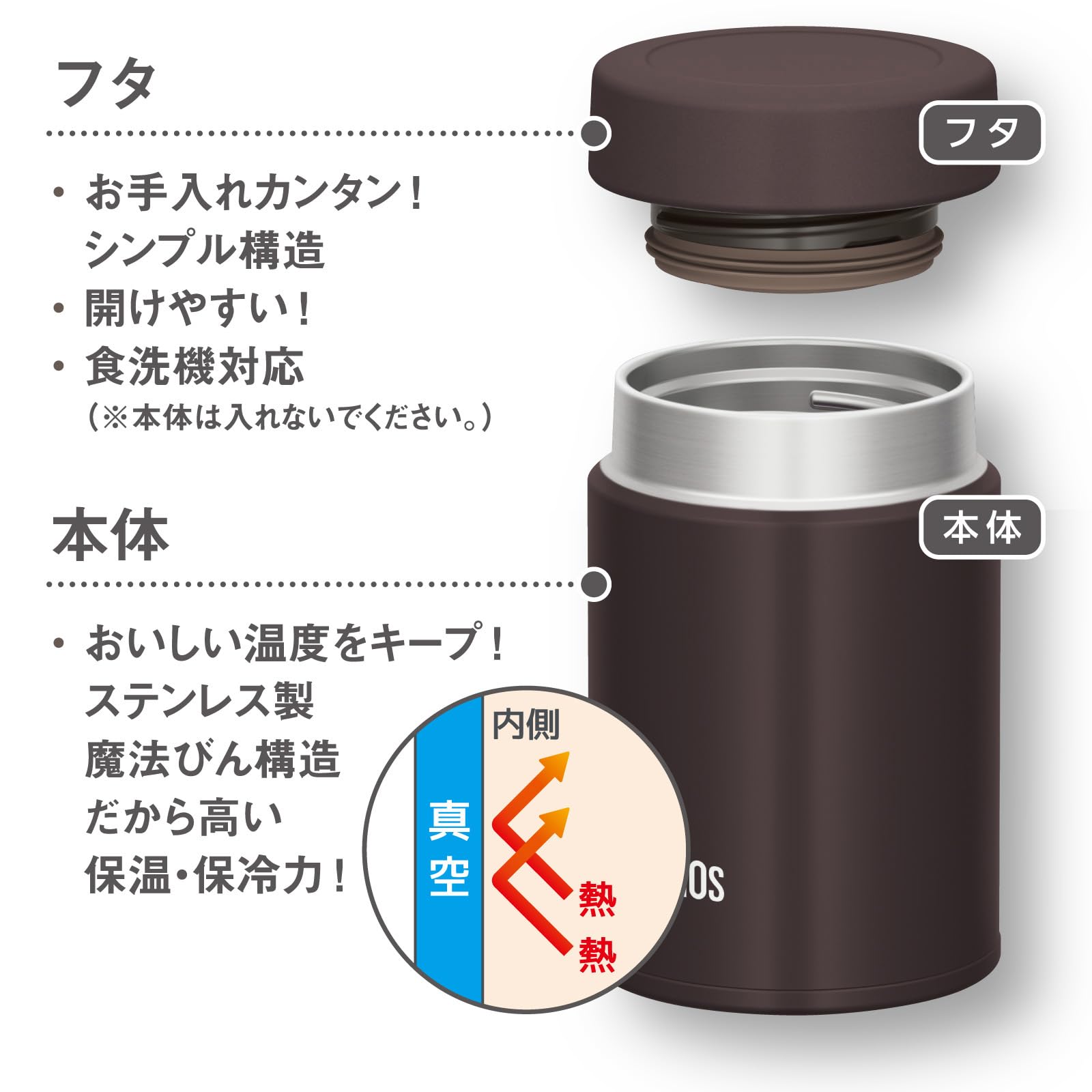 Thermos Compact 200ml Vacuum Insulated Soup Jar Dark Brown Easy to Clean Gentle Mouth Design JBZ - 201 DBW