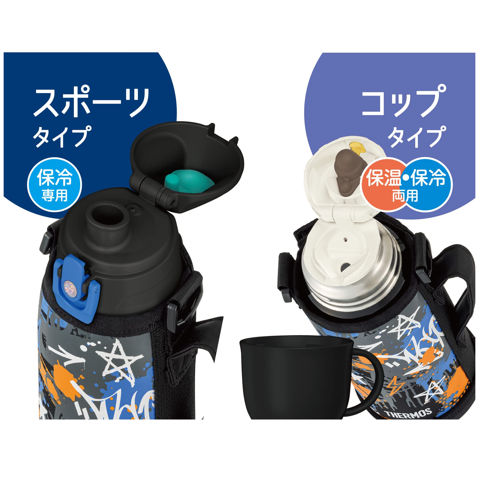 Thermos Fjj - 801Wf Bk - Bl 0.8L Vacuum Insulated Water Bottle with Cup for Children - Black Blue