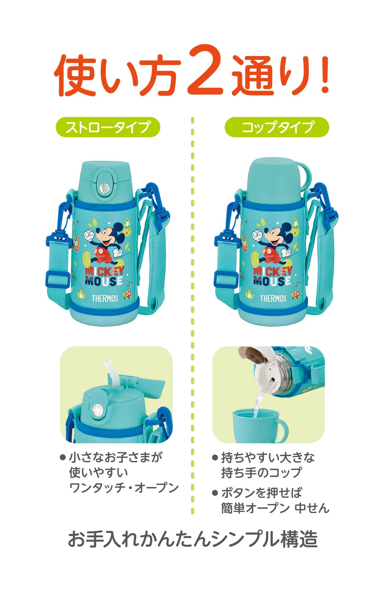 Thermos Mickey Mint Blue Vacuum Insulated Water Bottle 0.6L Straw Cup for Children FJO - 601WFDS MBL