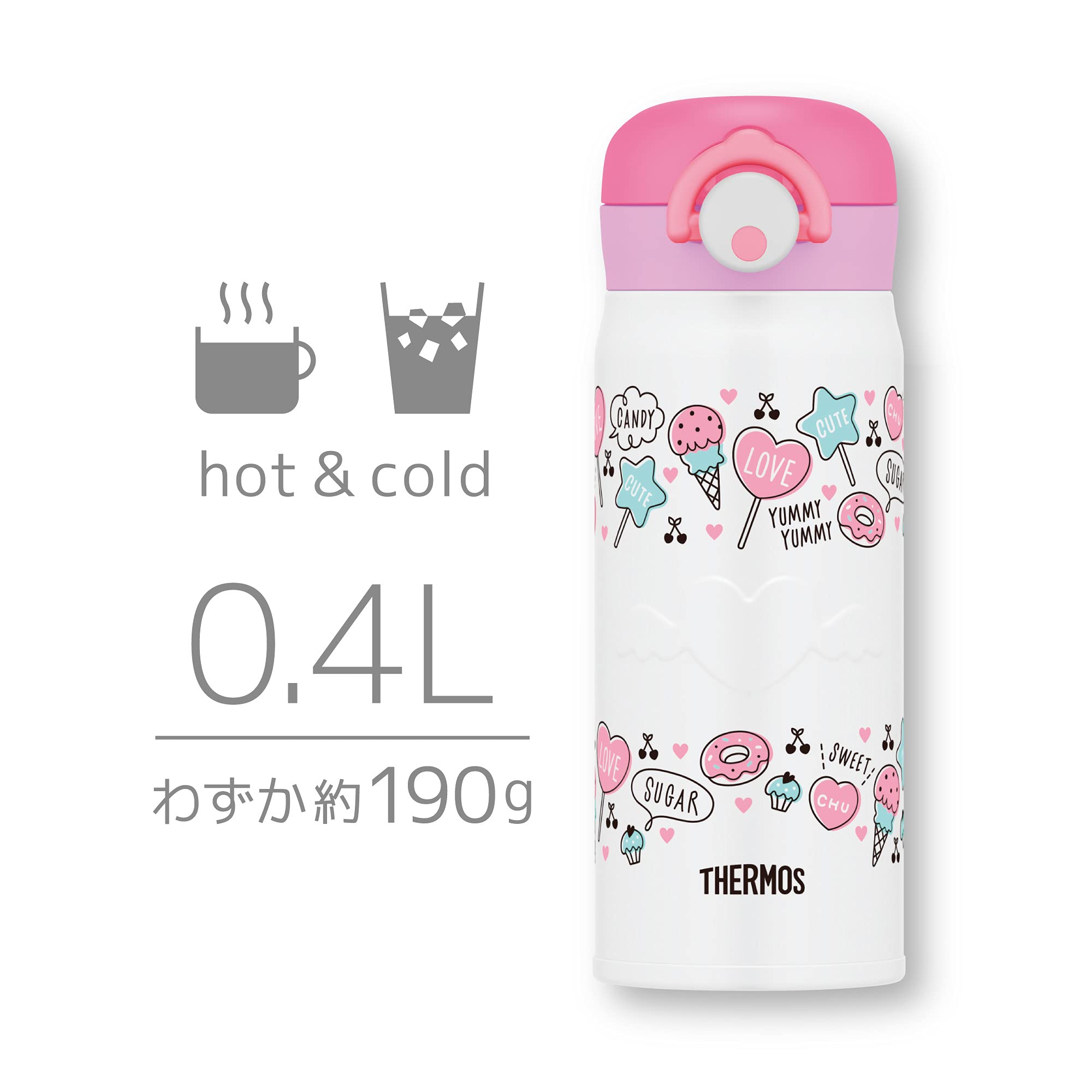 Thermos Vacuum Insulated Water Bottle Mobile Mug 400ml White Pink JNR - 401